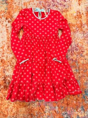 Matilda Jane Red Polka Dot Ruffle Dress Size 12 Blue Trim Bow Back